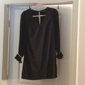 Black Satin Dress with Pleated Sleeve, Rhinestones